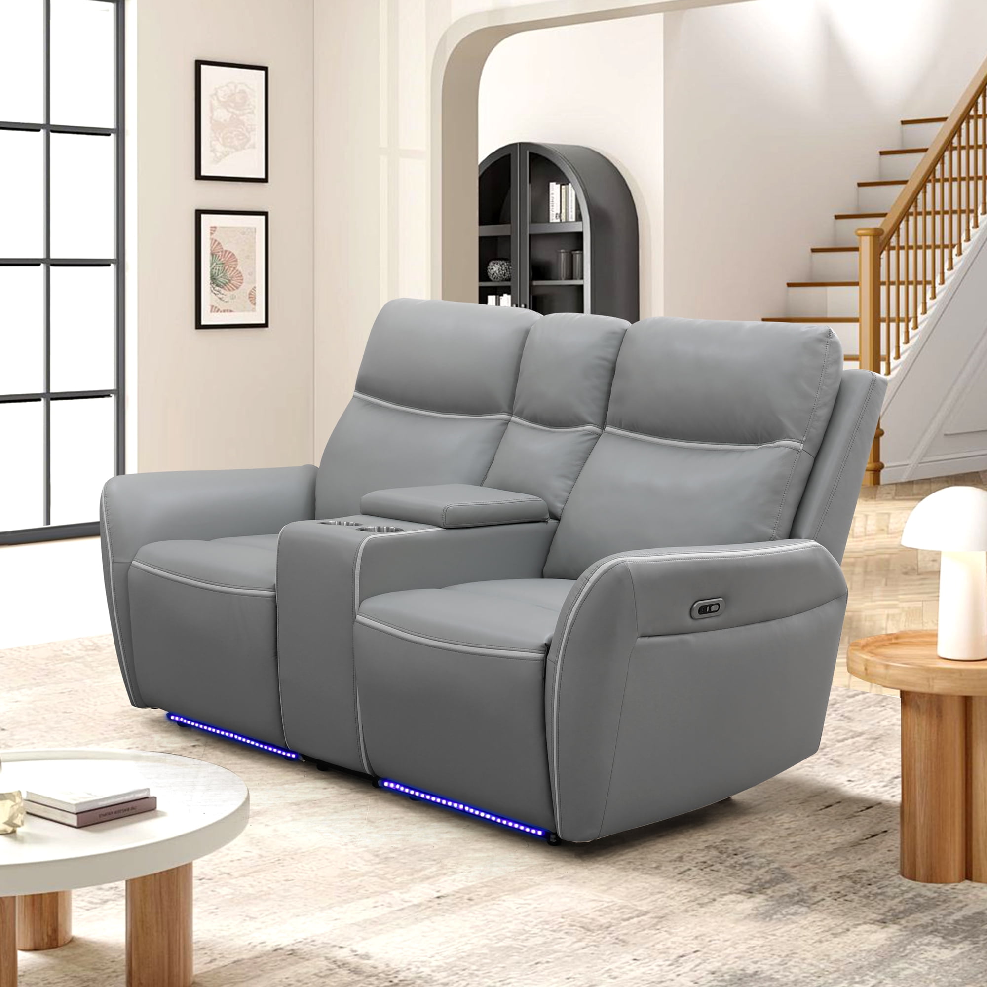 Gewnee Power Recliner Sofa Sectional Couch with LED Light for Living Room,Air Leather Reclining Loverseat and Sofa with Cup Holder Storage Console for Home Theater