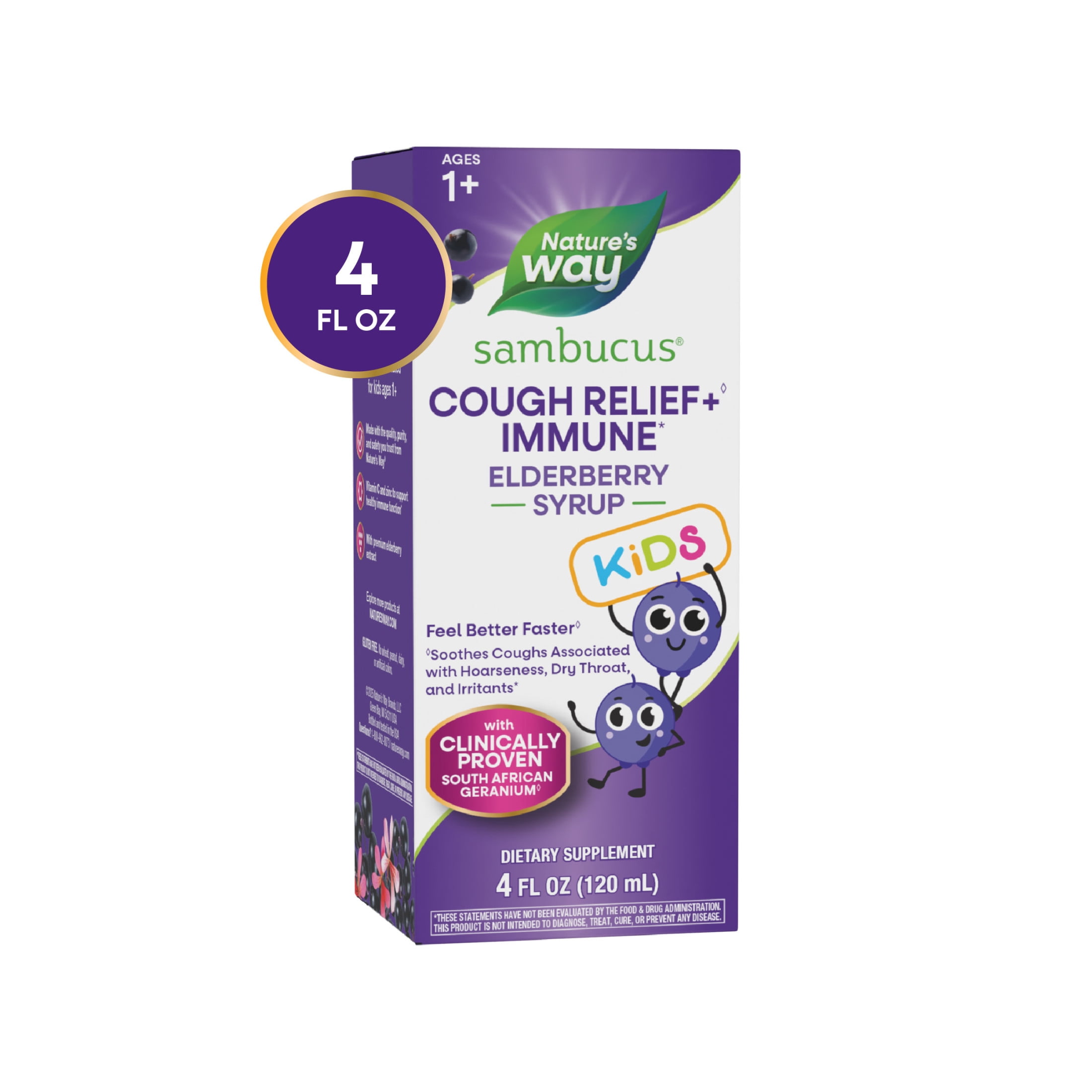 (2 pack) Nature's Way Sambucus Kids Cough Relief + Immune Elderberry Syrup, with Vitamin C & Zinc, 4 fl oz