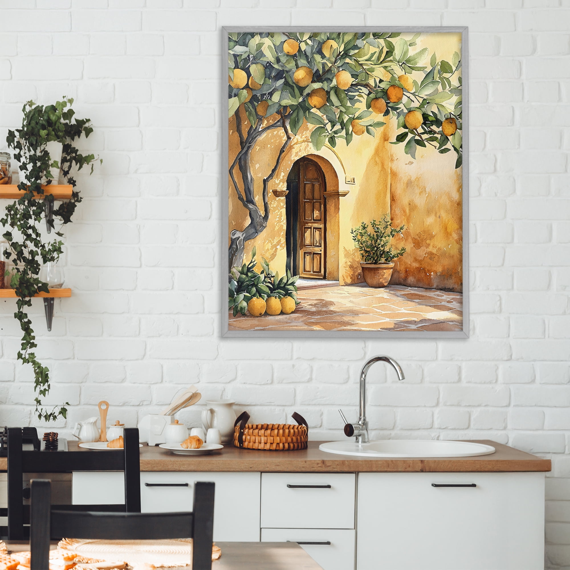 Stupell Industries Mediterranean Courtyard Lemon Tree Gray Framed Giclee Art, design by LSR Design Studio