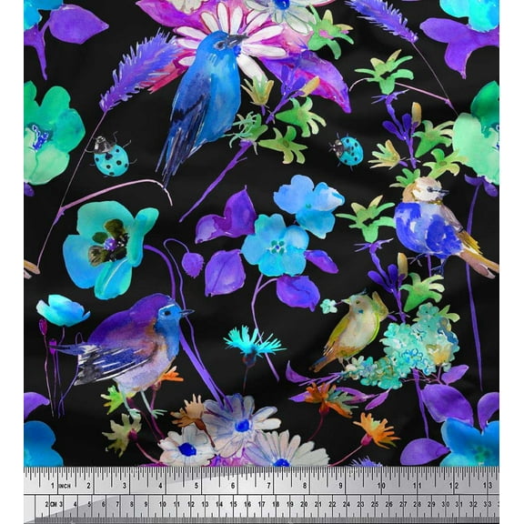 Soimoi Blue Cotton Duck Fabric Leaves,Floral & American Robin Bird Printed Craft Fabric by The Yard 42 Inch Wide