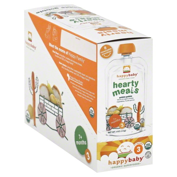 (8 Pouches) Happy Baby Hearty Meals, Stage 3, Organic Baby Food, root vegetables & turkey with quinoa - 4oz