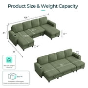 Linsy Home Plush Corduroy Sleeper Sofa Bed with Storage Chaise, Pull Out Couch Bed with USB, Cup Holder, Side Pocket, U Shaped Sectional Couches for Living Room, Apartment, Green