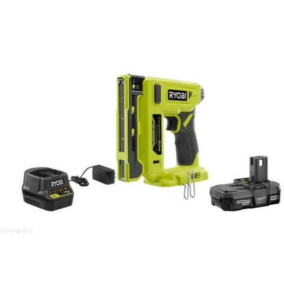RYOBI P317KN 18-Volt ONE  Cordless Compression Drive 3/8 in. Crown Stapler with 1.3 Ah Battery, Charger, and Sample Staples