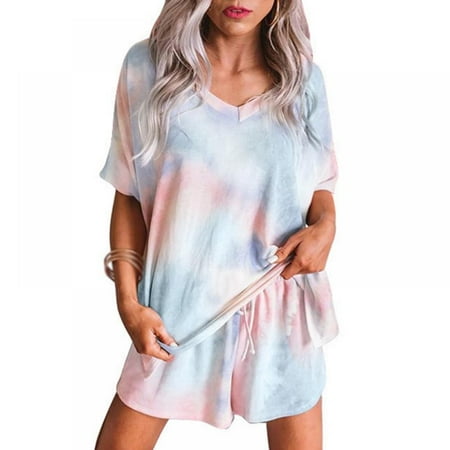 

Womens Tie Dye Printed Pajamas Set Short Sleeve V-neck T-shirt And Shorts Set Sleepwear Two Piece Pjs Sets Loungewear