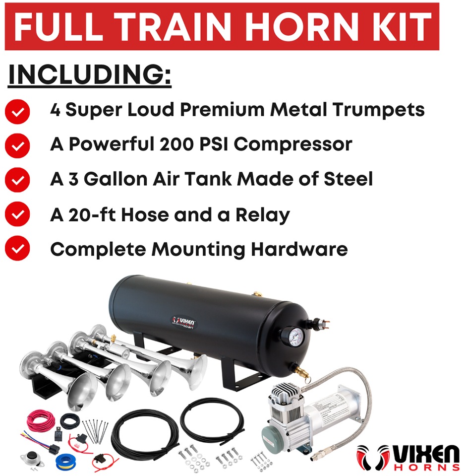 Vixen Horns Train Horn Kit for Trucks/Car/Semi. Complete Onboard System- 200psi  Air Compressor, Gallon Tank, Trumpets. Super Loud dB. Fits Vehicles  like Pickup/Jeep/RV/SUV 12v VXPRO8324C