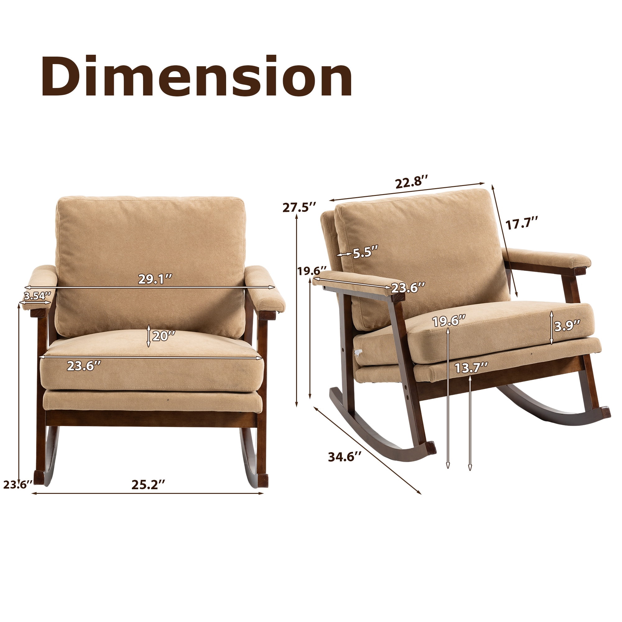Paproos Rocking Chair, Paproos Velvet Upholstered Rocker Chair, Glider Rocker Accent Chair with Cushion, Rocking Chair for Nursery, Armchair Reading Chair for Living Room Bedroom, Khaki