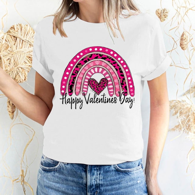 Meichang Hauts pour Femmes Chemise Tendance de la Saint-Valentin Hauts Mignons Imprimé Cœur Hauts de Vacances Manches Courtes Col Rond Décontracté Chandail Blouses