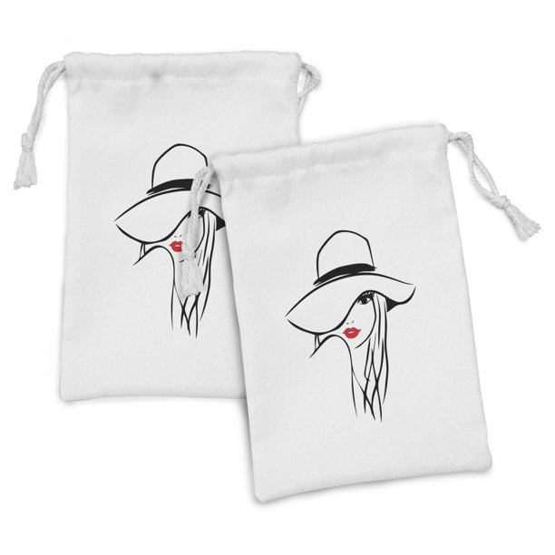 Lips Fabric Pouch Set of 2, Minimalist HDrawn Long Hair Girl Wearing a Big  Floppy Hat, Small Drawstring Bag for Toiletries Masks and Favors, 9