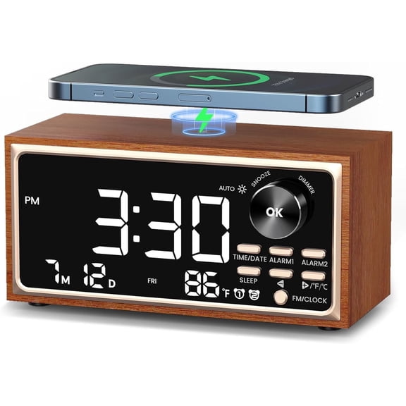 ZHENYEMEI Digital LED Alarm Clock, Vintage Alarm Clock Radio with Fast Wireless Charging, White Noise Sound, Dual Alarms, Temperature display, Dimmer Control,Auto-Dimming, Retro Clock for Bedroom