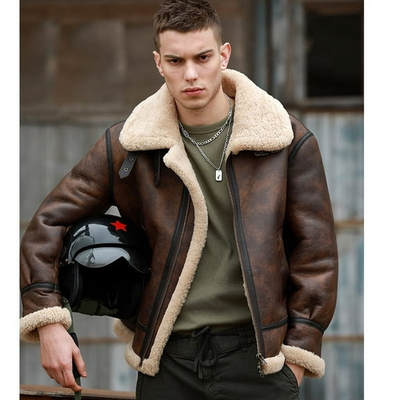 New Fashion Male Motorcylist Biker Coat Vintage Style Men's Natural Genuine Leather Jacket Real Sheepskin Shearling Thick Wool Liner Brown Plus Size for Weight Over 100kgs,46,Brown