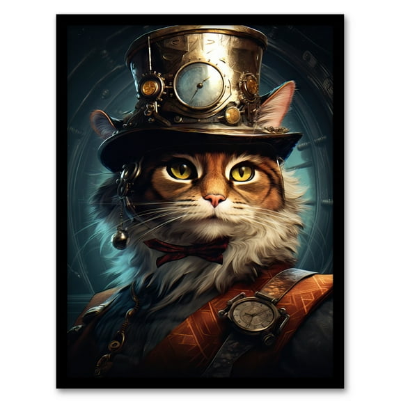 Top Hat Magic Cat Fun Steampunk Cat Explorer Artwork Art Print Framed Poster Wall Decor 12x16 inch