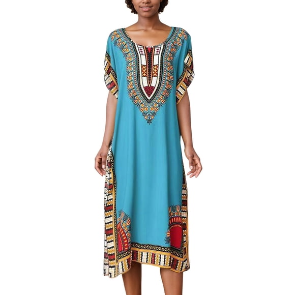 African Print Kaftan Dress Tunic Long Maxi Plus Size Polyester Print Gown Casual Kimono Nightdress Women'S Casual Dress Light Blue One Size
