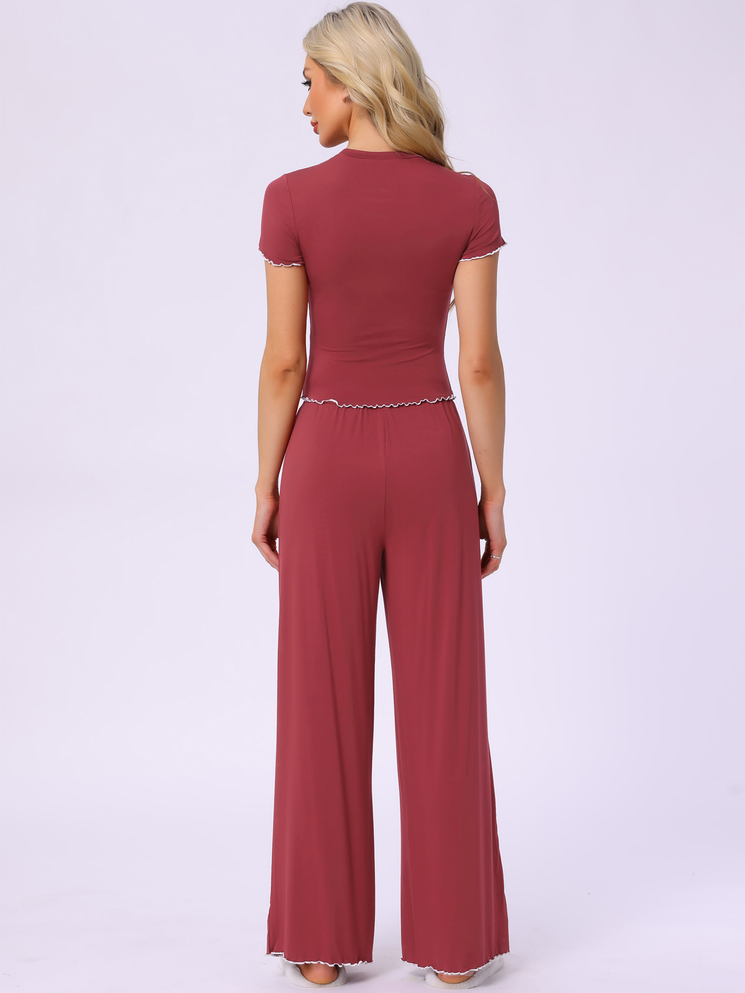 DARING DIVA Women's Pajama Sets Short Sleeve Ruffled Top Long Pants Lounge Sets M Claret