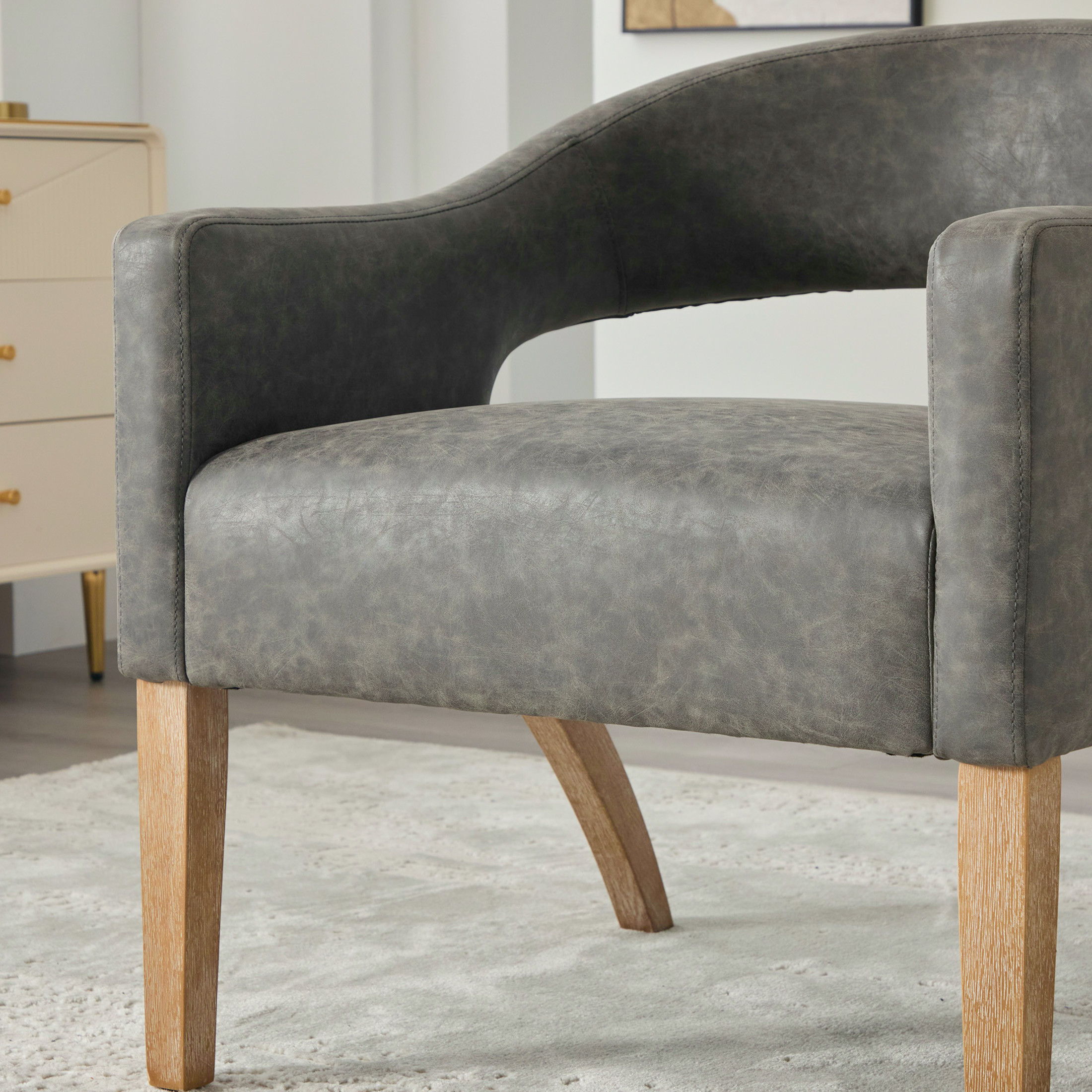 Noble House Holland PU Upholstered Accent Armchair, Mid-Century Barrel Dining Chair with Rubberwood Legs, Gray