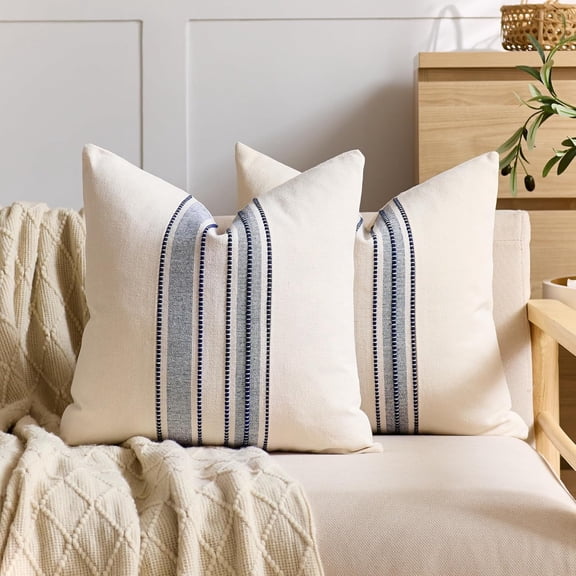 MORAVE Set of 2 18x18 Inch Neutral Navy Blue Striped Linen Textured Throw Pillow Covers, Boho Decorative Cushion Pillowcases for Couch Sofa Bed Farmhouse Modern Living Room Decor