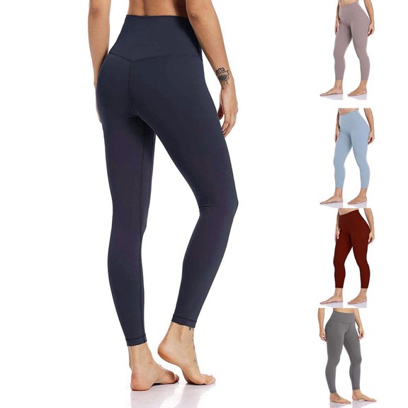 QLEICOM Womens Yoga Pants Capri Leggings High Waist Solid Color Tight Fitness Yoga Leggings Nude Hidden Workout Leggings Athletic Pants Tummy Control Leggings Navy L