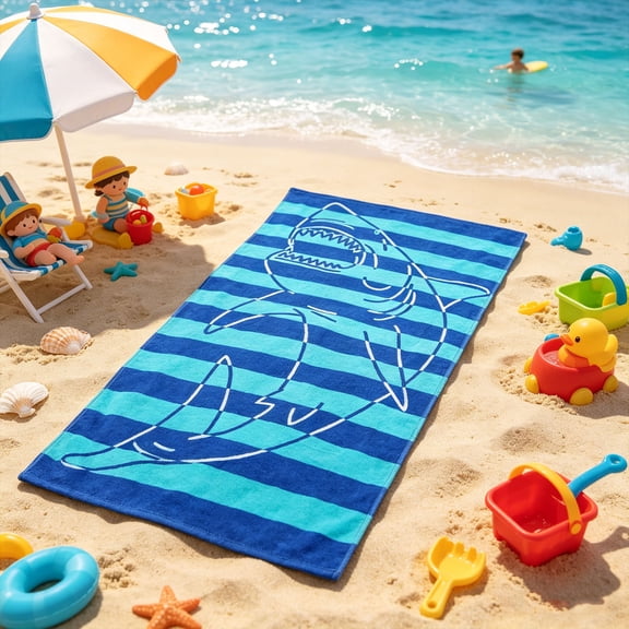 Fountwell Ki ds Cotton Blend Beach Towel, 30 x 60 inches – Shark Design, Soft & Absorbent for Pool, Bath, Summer