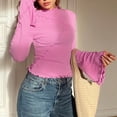 thumbnail image 6 of XUNKUSGA Women's Tops Fashion Mock Neck Lettuce Trim Pullover Tops Casual Bell Long Sleeve Going Out Tops Classic Slim Fit Solid Color Y2k Tops for Women Trendy S-2XL Pink, 6 of 7