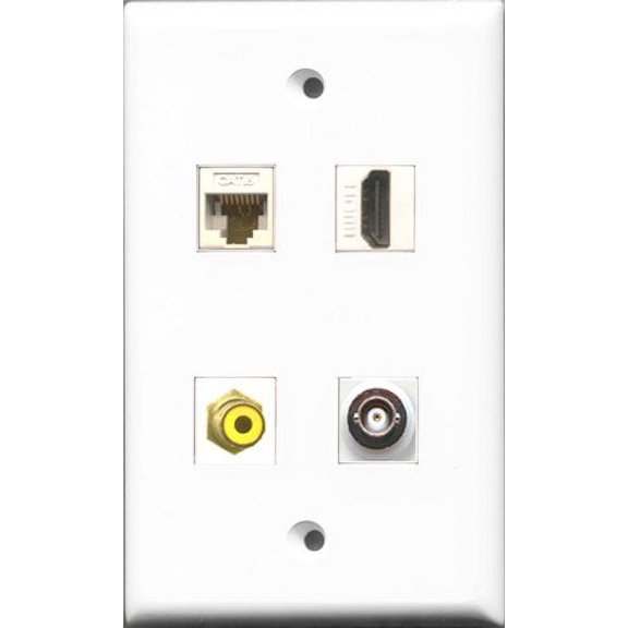 RiteAV 1 Port HDMI and 1 Port RCA Yellow and 1 Port BNC and 1 Port Cat6 Ethernet White Wall Plate
