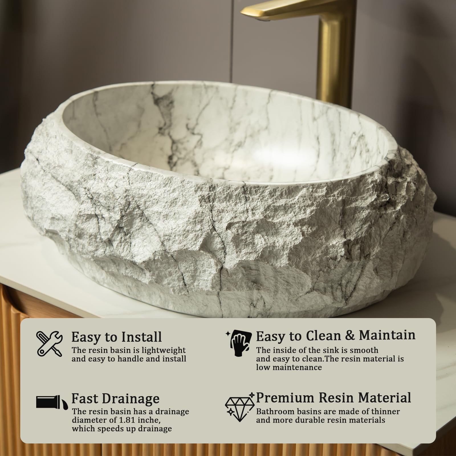 18" Artistic Stone Pattern Vessel Bathroom Sink - Irregular Oval Resin Basin，Ivory
