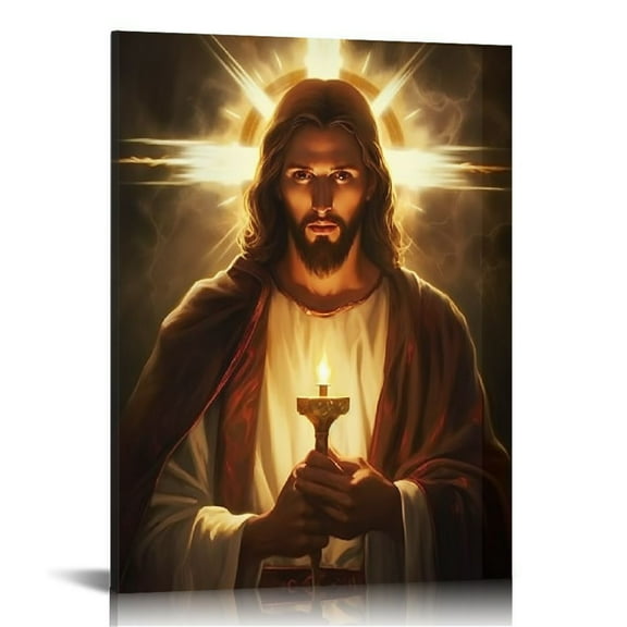 ONETECH Framed Catholic Jesus Lights Candles Wall Art God Print on Canvas Jesus Painting Christian Wall Decor Jesue Pictures for Wall Ready to Hang
