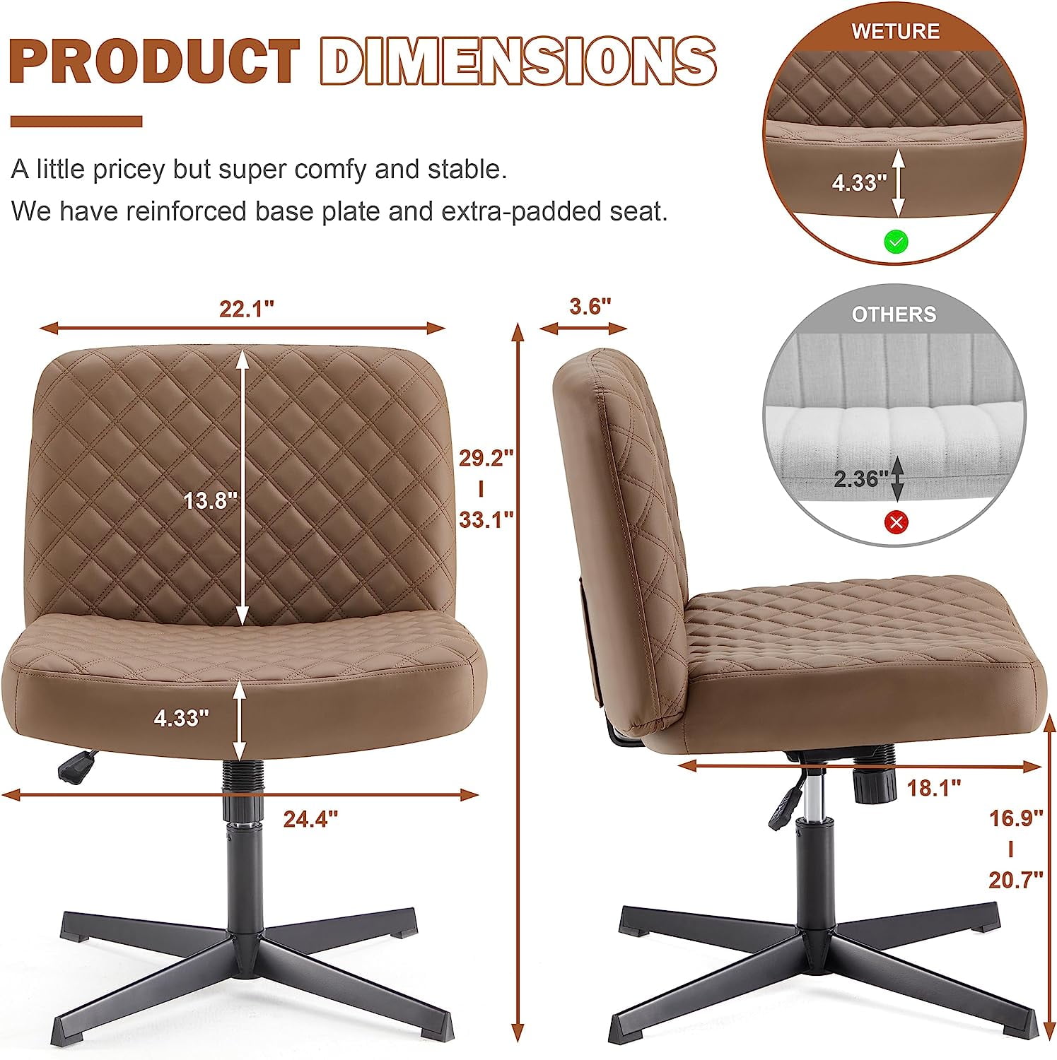 Weture Armless Office Desk Chair, Cross Legged Chair No Wheels, Thickened Wide Seat Office Chair, Padded Comfy Modern Desk Chair No Arms, Detachable 