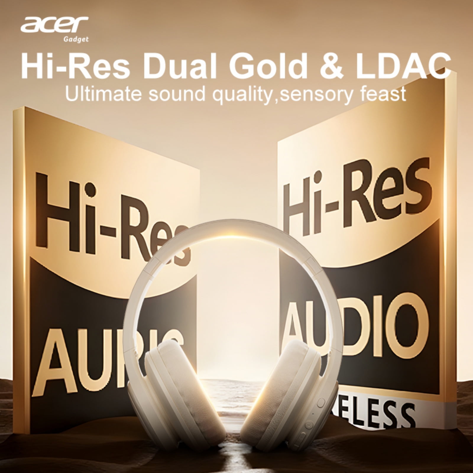 Acer Over-ear Headphones with 60H Playtime, Hi-Res Audio Foldable and Comfortable, Beige
