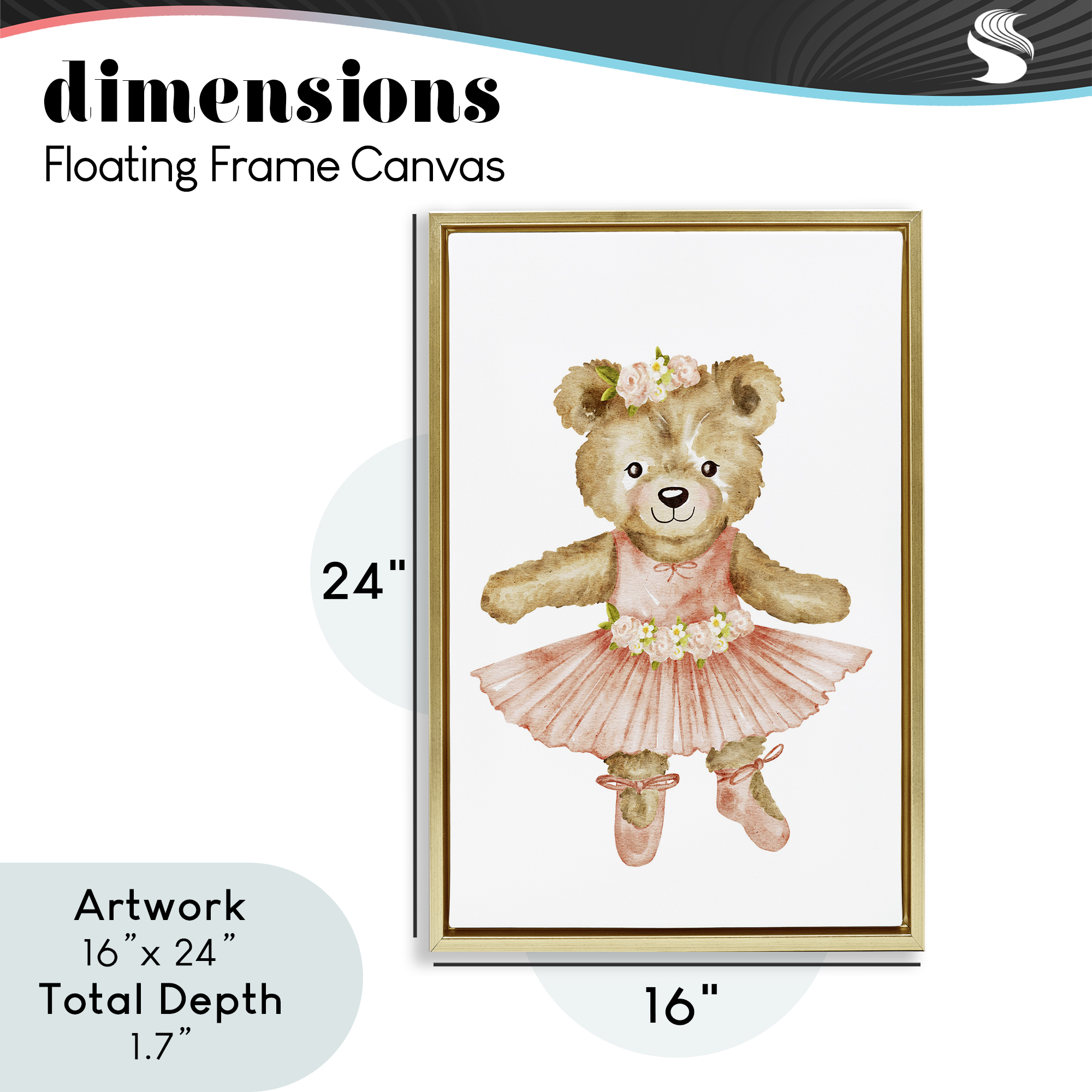 Floral Ballerina Teddy Bear Gold Framed Floater Canvas Wall Art, design by Amy Hall