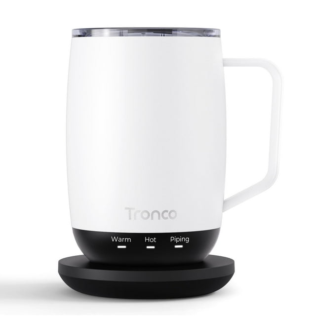 Tronco Temperature Control Heated Coffee Mug 14 oz â Rechargeable Self-Heating Coffee Cup with Lid â Manual Control, 3 Modes, 130 Min Battery Life, Auto Shut-Off (White)