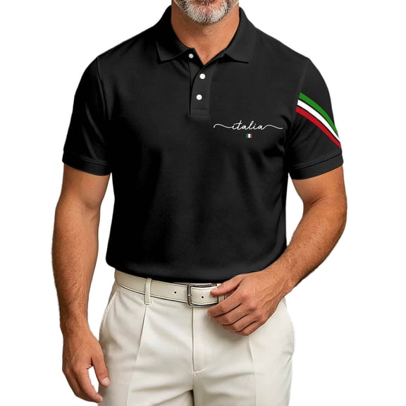 Mens Golf Polo Shirts Arrival Italian National Day Theme Print Mens Athletic Tops,Black,6XL