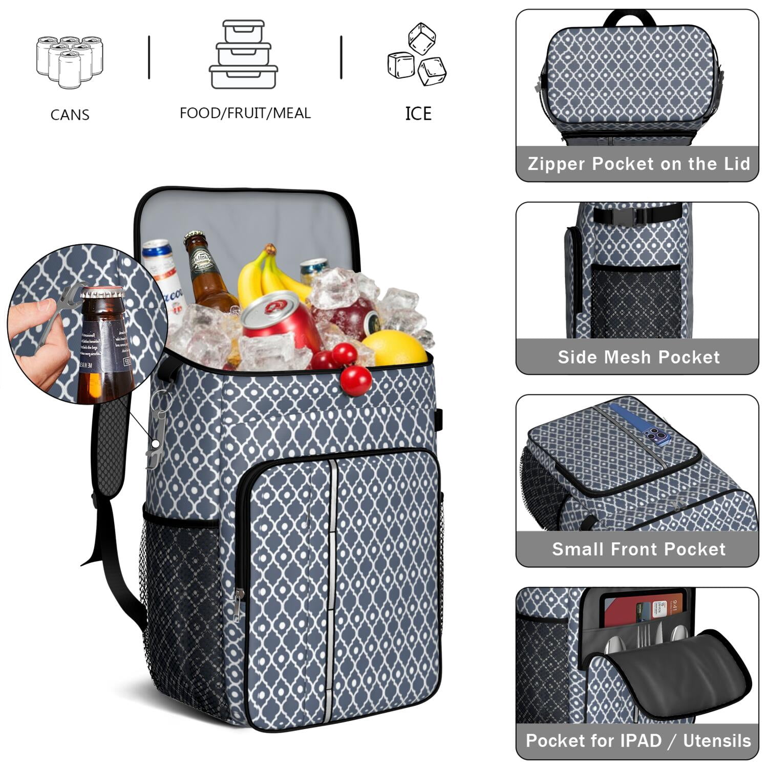 Travel Cooler Bag - Boho Bohemia Pioneer Flower Geometric Line Art Camping Beer Cooler Backpack with Bottle Opener- Waterproof Insulated Picnic Backpacks - Cooler Bag for Beach