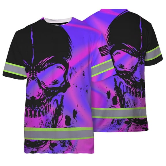 High Visibility Shirt Reflective Tapes Hologram US Flag Skull Custom Name for Workers, Runners, Truckers, Patriotic-L