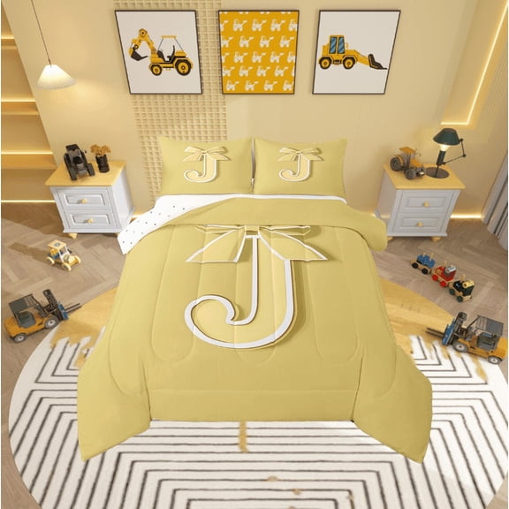 Erosebridal Kawaii Initial Letter Bedding Sets Twin with Comforter, Monogrammed J Duvet Insert, Ribbon Cow Reversible Down Comforter, Ultra Soft Bedroom Decoration, 2pcs
