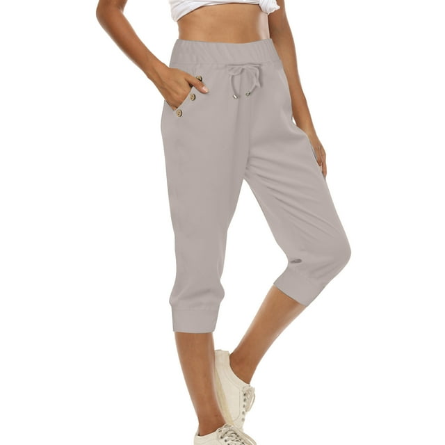 Summer Clearance! Womens Plus Size Pants,Summer Pants for Womens,Womens Casual Tight High Waisted Drawstring Button Pocket Cropped Pants