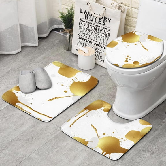 Gold Splash Marble Pattern Bathroom Rugs Sets 3 Piece,Toilet Cover Set,Absorbent Non Slip Bathroom Mats Sets with U-Shaped Contour Rug Toilet Rug Set