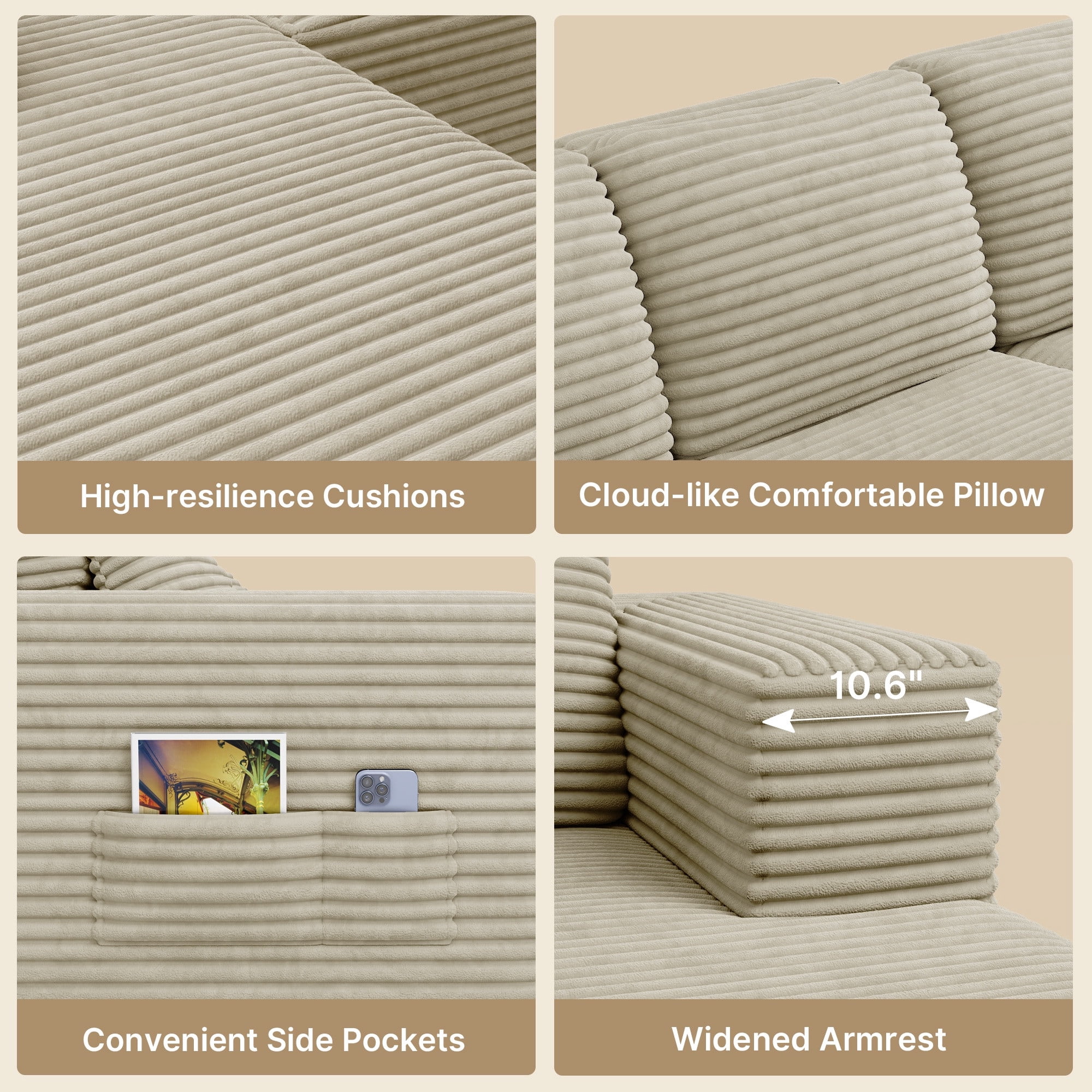 Lofka 105" Sectional Sofa, Cloud Sectional for Living Room with L-Shape Sofa, Modern Soft Modular Couch for Bedroom, No Assembly Required, Beige White