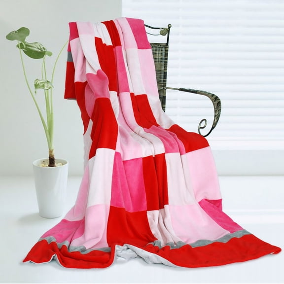 G&J Solid Space 59" X 78.7" Soft Coral Fleece Patchwork Blanket Striped Throw Blanket Red Pink Color