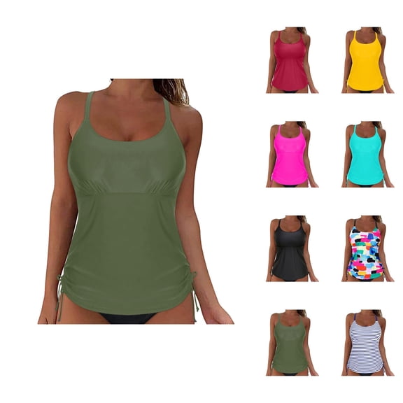 Tankini Tops for Women Scoop Neck Full Coverage Ruched Swim Tank Top with Removable Pads Bathing Suits Top Swimwear
