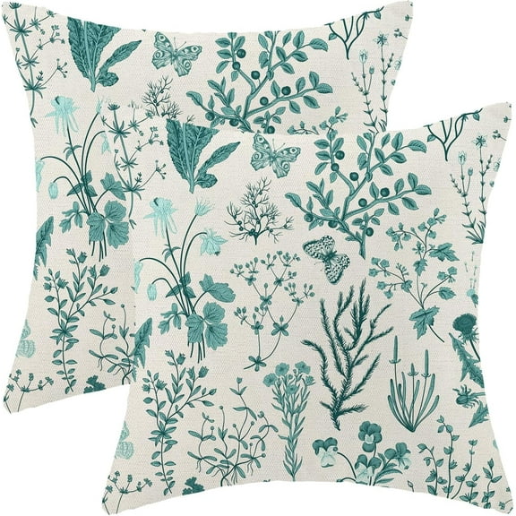 Summer Pillow Covers 20x20 Inch Set of 2,Teal Green Wild Flower Plant Throw Pillows Case,Seasonal Floral Outdoor Decorative Square Linen Farmhouse Decor Cushion Covers for Home Sofa Bed Couch