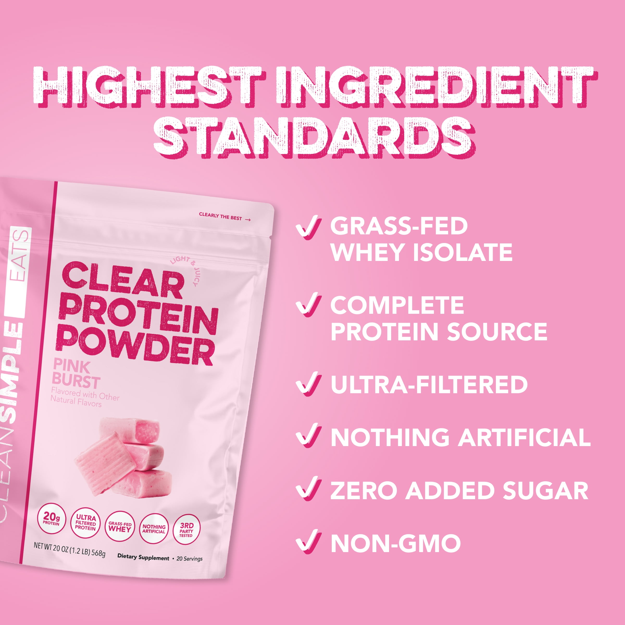 Clean Simple Eats Clear Protein Powder Pink Burst Gusset - 20 Servings