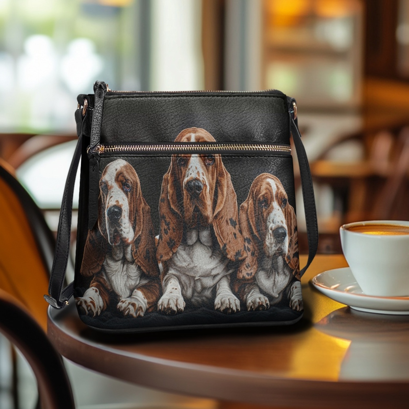 LedBack Basset Hound Print Leather Crossbody Purse for Women Ladies, Zipper Cross Body Bag Hobo Bag Messenger Purse Multi Pockets Satchel Purse with Adjustable Strap, Black