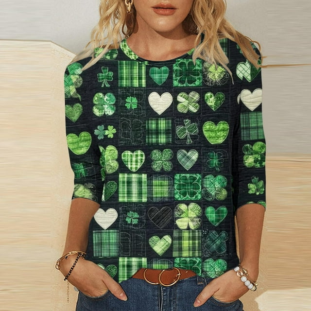 Mceream Chemise St Patricks Day Manches 3/4 Hauts pour Femmes Printemps Col Rond T-Shirts Décontractés Blouses Imprimé Floral T-Shirts Graphiques Tenues d'Été Hauts Boho Grande Taille Chemises Imprimé Shamrock m