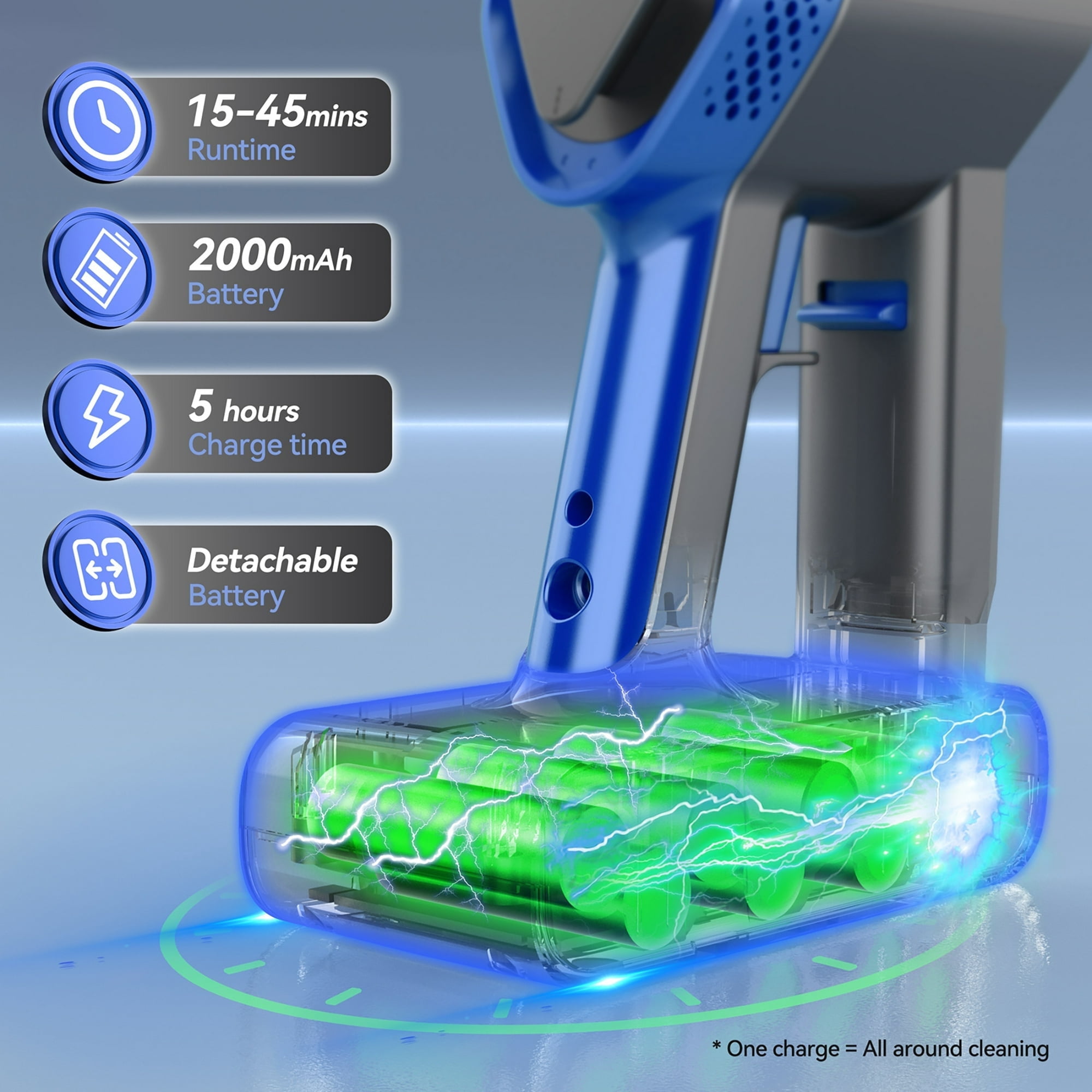 Cordless Vacuum Cleaner, 350W 30Kpa 45 Mins Runtime Powerful Stick Vacuum, 6 in 1 Handheld Vacuum for Home Pet Hair Carpet Hard Floor V90 (Blue)
