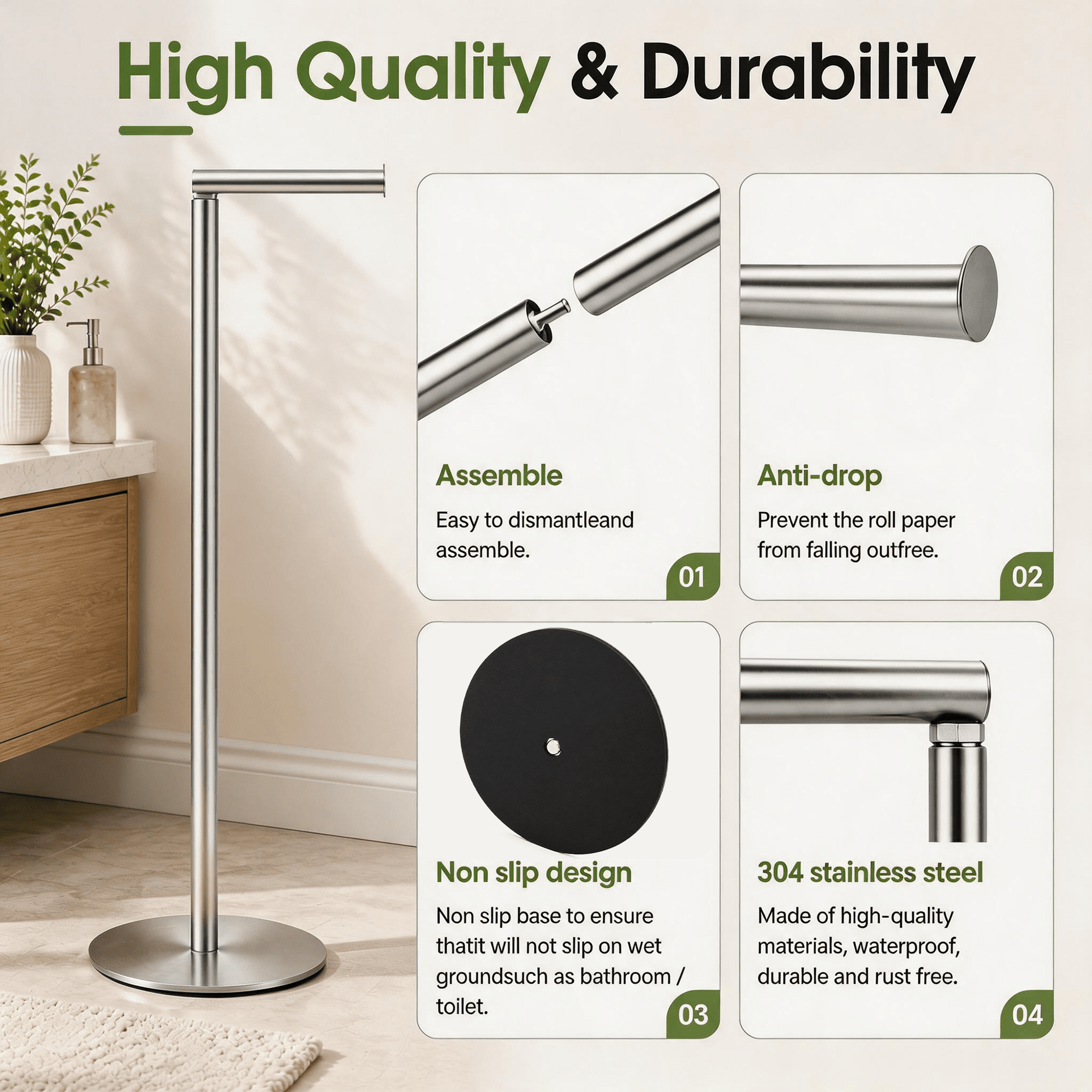 GARITIN Freestanding Toilet Paper Holder Stand, Stainless Steel Toilet Paper Roll Holder with 4‑Roll Reserve Storage, Bathroom Floor Toilet Paper Organizer