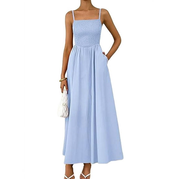 Women'S Summer Maxi Dresses Beach Sundress Casual Spaghetti Strap Smocked Swing A Line Long Flowy Dress Light Blue XL