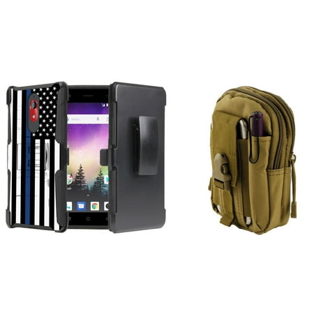 BC Armor Series Compatible with Coolpad Legacy (2019) Case with Dual Layer Rugged Belt Clip Holster Stand Cover (Thin Blue Line USA Flag), MOLLE Carrying Pouch (Khaki) and Atom (Best Nas Case 2019)