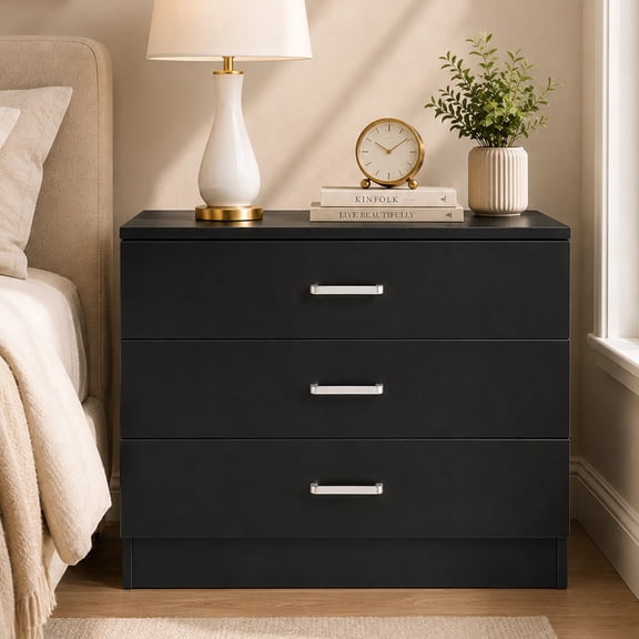 SESSLIFE 3 Drawer Nightstand, Black Night Stand with Silver Handles, Wood Bedside Table Storage Cabinet, Multi-Scene Furniture for Bedroom, Living Room