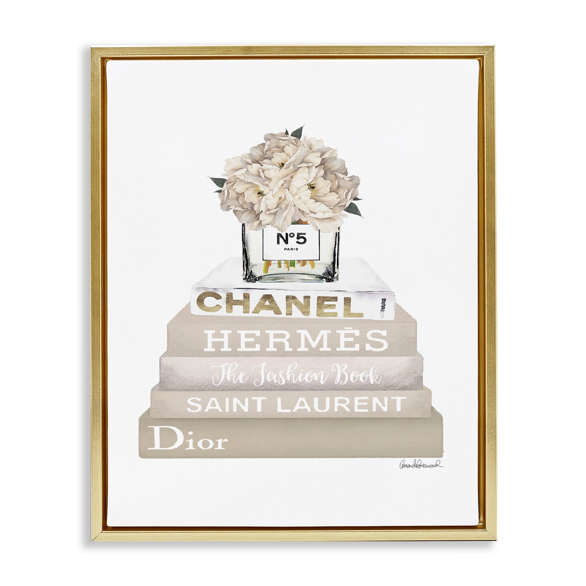 Stupell Industries High Fashion Bookstack with Tan Flowers Metallic Gold Framed Floating Canvas Wall Art, 24x30, by Amanda Greenwood