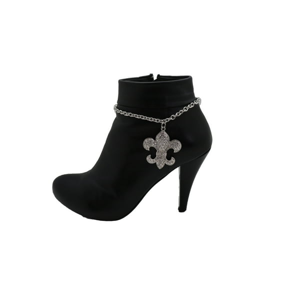 Women Silver Metal Boot Chain Bracelet Shoe Fleur De Lis Lily Charm