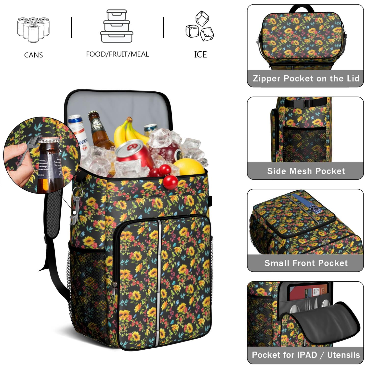 Travel Cooler Bag - Black Sunflower Camping Beer Cooler Backpack with Bottle Opener- Waterproof Insulated Picnic Backpacks - Cooler Bag for Beach